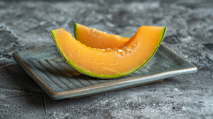 Wall Mural - A close-up shot of a slice of Japanese melon placed on a gray tray.
