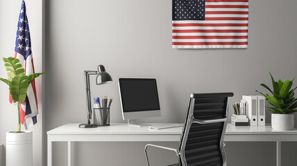 4th of July Inspiration: Empty Room with Desk and American Flag, Abstract American Background