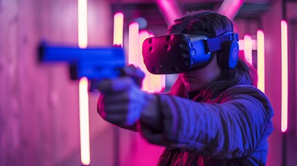 Wall Mural - A man in a black jacket is holding a gun and wearing a virtual reality headset