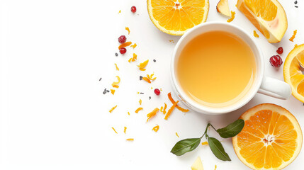 A cup of pure orange juice with orange slices and fruit bits on a white background, isolated.