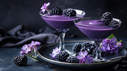 two glasses of blackberry mousse adorned with mint leaves and lilac flowers, set against a dark background with ample copy space for text.