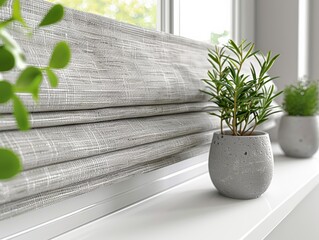 Minimalistic window treatment with light gray Roman shades. The fresh greenery in small planters adds a touch of nature to the clean and modern design, creating a serene and peaceful ambiance.