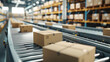 © Cadengo - Automated e commerce logistics conveyor belt system in warehouse with rows of cardboard
