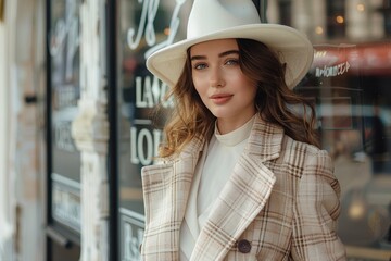 Wall Mural - Chic woman in trendy attire stands near a store window, carrying a coffee cup and wearing a fashionable hat