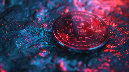 Aufkleber - Bitcoin token on a wet surface with red and blue lighting, symbolizing digital currency