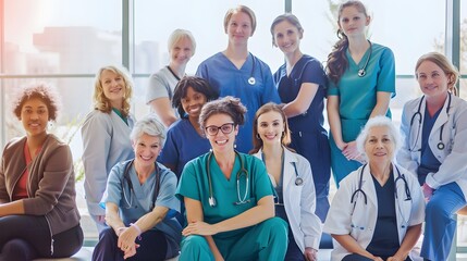 Diverse hospital volunteers and medical professionals smiling in a bright, cheerful environment