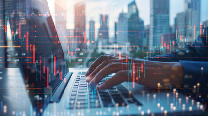 Aufkleber - Close-up of a professional's hands typing on a laptop with a digital graph overlay of stock market trends