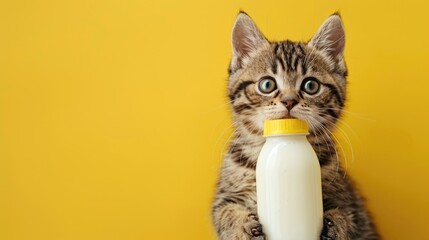 A kitten is holding a bottle of milk in its mouth
