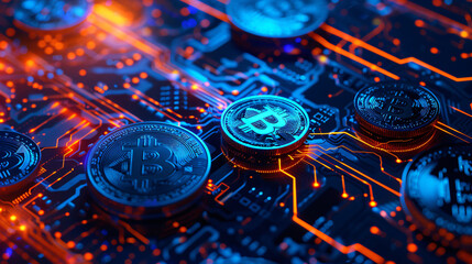 Leinwandbilder - Digital illustration of bitcoins over a glowing circuit board, symbolizing cryptocurrency technology
