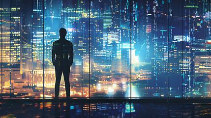Aufkleber - Lone silhouette stands before a vibrant cityscape overlaid with digital data streams