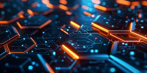Poster - Futuristic Hexagonal Array: Abstract Background Illuminated with Blue and Orange Tones, Quantum Computing Circuit Board Symbolizing AI Advancements