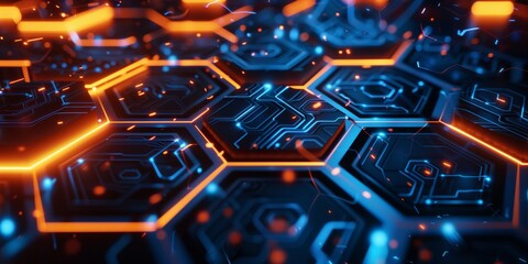 Poster - Futuristic Hexagons: Abstract Dark Background with Glowing Blue and Orange Shades, Symbolizing Quantum Computing for AI Technology