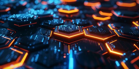 Poster - Futuristic Hexagon Grid: Abstract Dark Background with Glowing Blue and Orange Shades, Quantum Circuit Board for AI Computing