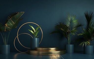 3D rendering of gold frames with palm leaves on a dark blue background
