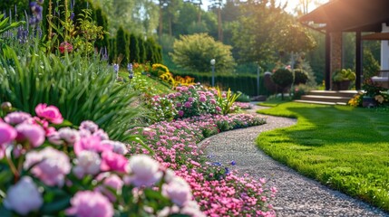 Canvas Print - Stone pathway through lush summer garden