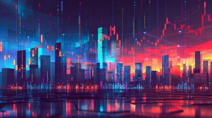 Aufkleber - Futuristic skyline with neon lights and financial data charts in abstract digital art
