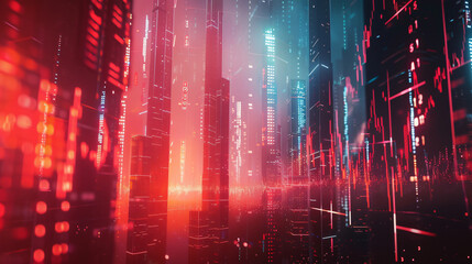 Poster - Futuristic cityscape in abstract digital art with neon lights and tech elements