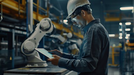 Engineer with tablet operating automation robot in modern factory for industrial production and technology innovation.