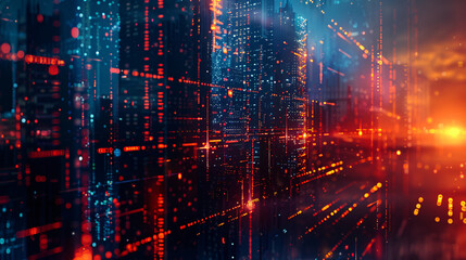 Aufkleber - City skyline with digital data streams in abstract tech background
