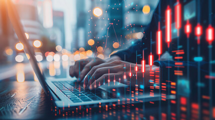 Aufkleber - Close-up of hands typing on a laptop with glowing stock market graphs overlay