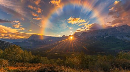 Wall Mural - A breathtaking view of sun dogs framing a majestic mountain range filling the sky with vibrant hues.