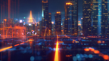 Wall Mural - Digital city skyline with abstract glowing neon lights and data chart overlay