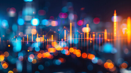 Poster - Blurred city lights background with abstract financial chart overlay, representing economic prosperity