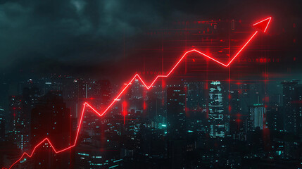 Aufkleber - City skyline at night with red upward arrow graph symbolizing economic growth