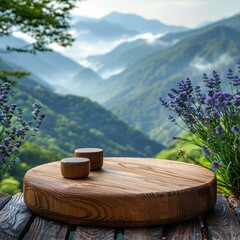 Wall Mural - Photo of a wooden podium with nature landscape in the background for product presentation