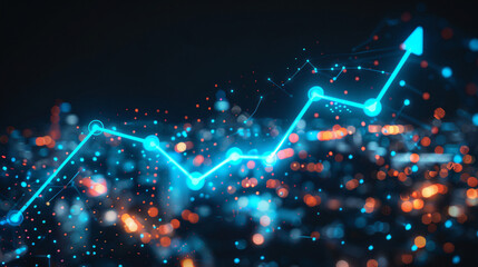 Poster - Cityscape background with digital illustrations of upward trending graphs, representing economic growth