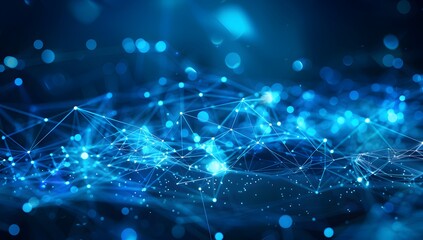  - Abstract blue digital background with glowing network connections and nodes on dark backdrop, in the style of technology concept
