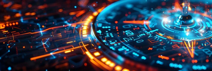 Poster - Abstract futuristic compass with digital lines and glowing elements on a dark background, symbolizing technology innovation for marketing or business direction concepts
