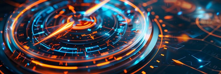 Poster - Abstract futuristic compass with digital lines and glowing elements on a dark background, symbolizing technology innovation for marketing or business direction concepts
