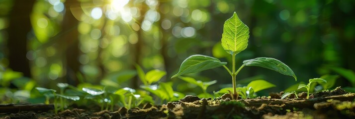 Poster - Closeup view of a young,vibrant green plant sprouting new growth amid the lush,verdant foliage of a tranquil forest,with soft,dappled sunlight illuminating the fresh,tender leaves.