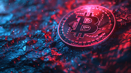 Aufkleber - Bitcoin coin in close-up on a radiant digital backdrop with a textured surface