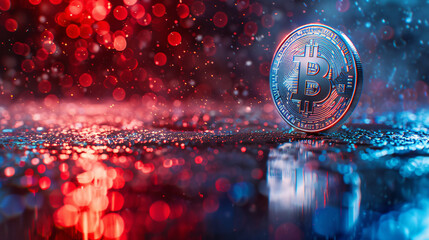 Aufkleber - Solitary bitcoin gleams with radiant lights and reflections