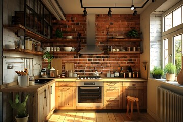 Wall Mural - details of a cozy kitchen interior with a brick wall