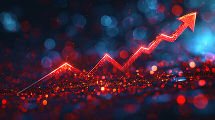 Poster - Abstract image of a glowing red growth arrow on a dynamic, digital bokeh background