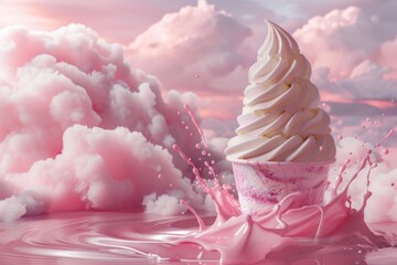 Poster - A single scoop of ice cream with a bright pink bow wrapped around the cone, perfect for a sweet treat or as a colorful addition to any scene