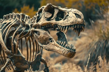 Poster - A close-up view of a dinosaur skeleton with detailed bones and fossils