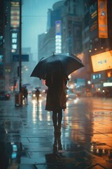 Poster - A person carrying an umbrella walks down a busy city street