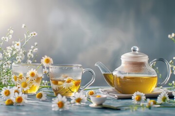 Poster - A peaceful moment with a tea pot and two cups of chamomile tea