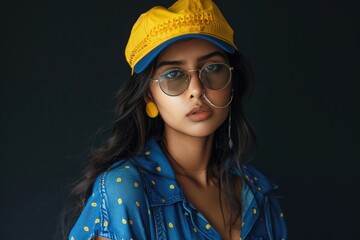 Canvas Print - A woman wearing a yellow hat and sunglasses outdoors, possibly on vacation or traveling