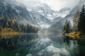 Poster - A serene lake surrounded by towering mountains