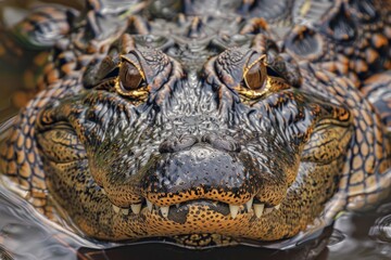 Poster - A close-up view of an alligator's head submerged in the water
