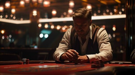 Poster - A player sits at a casino card game table with cards, perfect for illustrations of gaming, entertainment, and leisure
