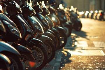 Poster - A line of motorcycles parked along a busy city street, great for urban or transportation-related themes
