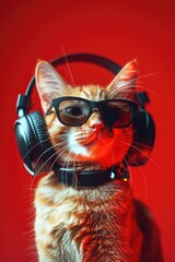 Aufkleber - A playful cat wearing trendy accessories on a bright red background