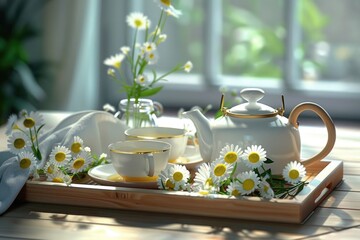 Aufkleber - Tea set and flowers on a tray