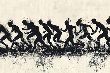 Wall Mural - A group of people running together in a monochromatic illustration